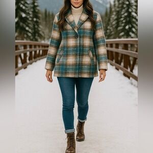 Vintage Focus 2000 Tan, Blue & Turquoise Plaid Coat